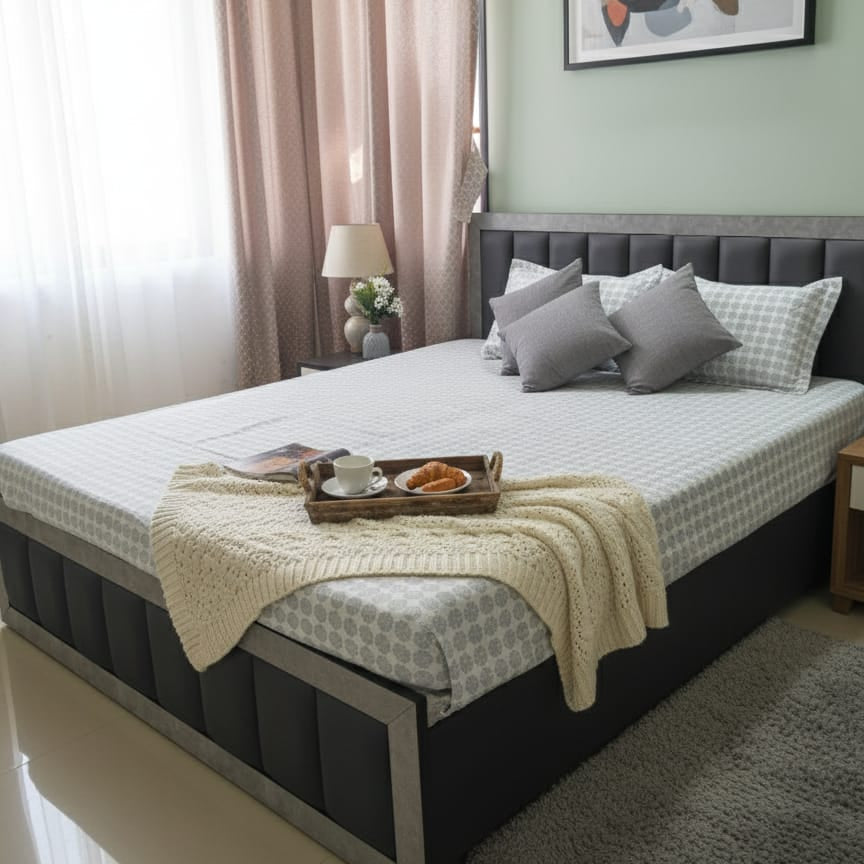 Premium King Size Grey Geometric Cotton Bedsheet Set with Pillow Covers