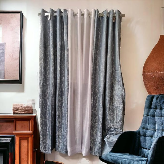 Premium Curtain for Living Room/Bedroom, Set of 3, 2 Blue Textured and 1 Sheer Curtain, Semi-Blackout 85% Room Darkening, 24 Silver Eyelets with Tieback