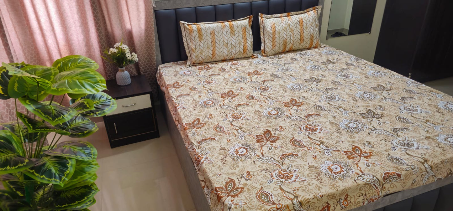 Elegant Beige Floral Paisley Cotton Bedsheet Set – King Size