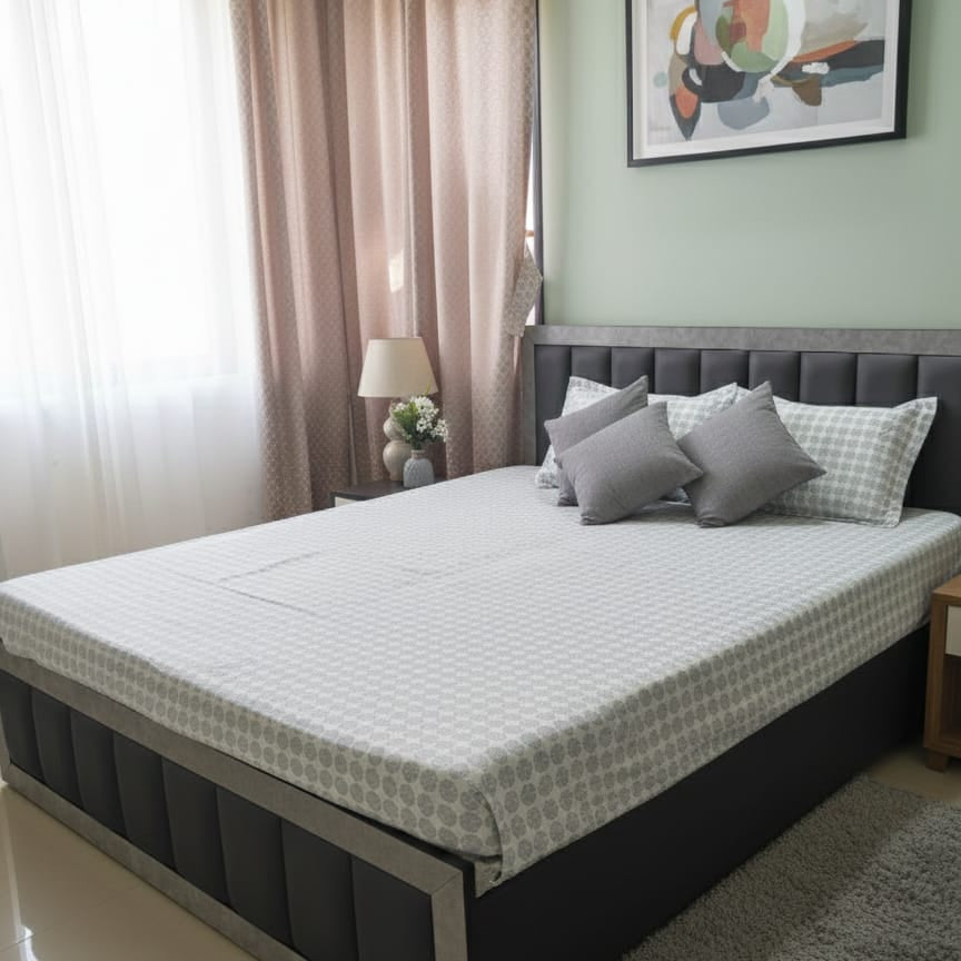 Premium King Size Grey Geometric Cotton Bedsheet Set with Pillow Covers